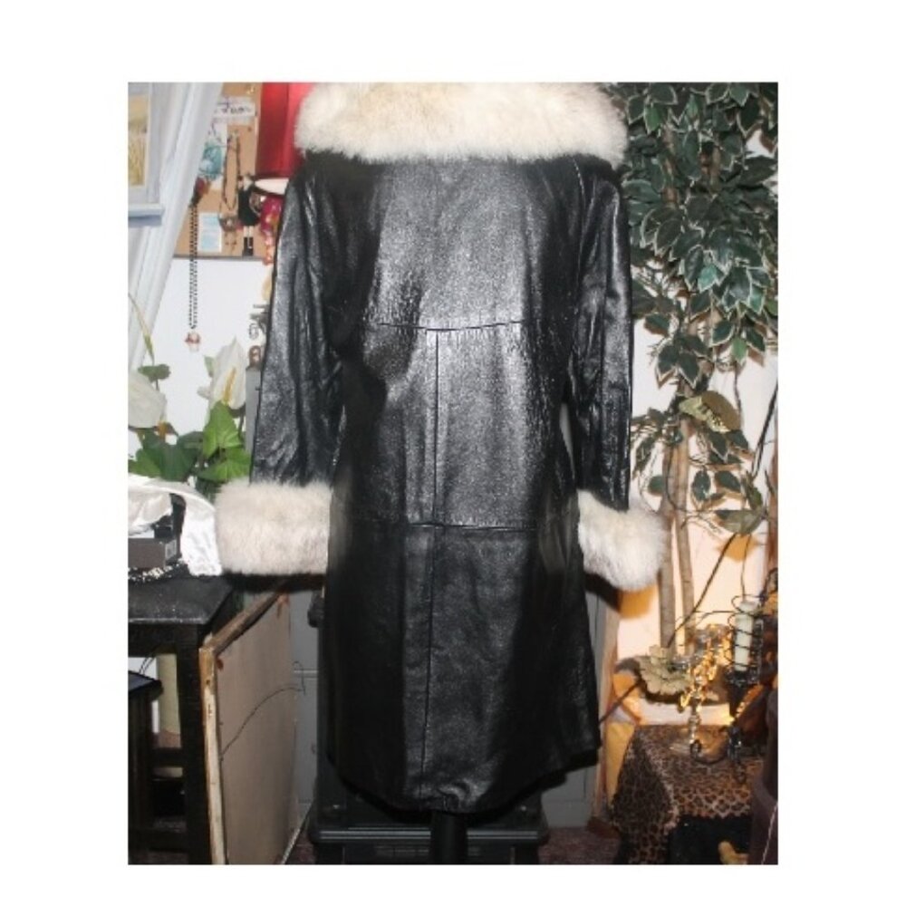 Rare Vintage 70's The Vogue Belted Black Leather & Fox Fur Jacket Coat Trench M - Picture 6 of 10
